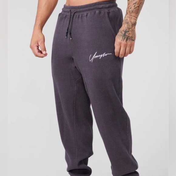 YoungLa 207 Cozy Thermal Jogger Dark Grey Waffle Athletic Gym Sweatpants - Picture 1 of 9